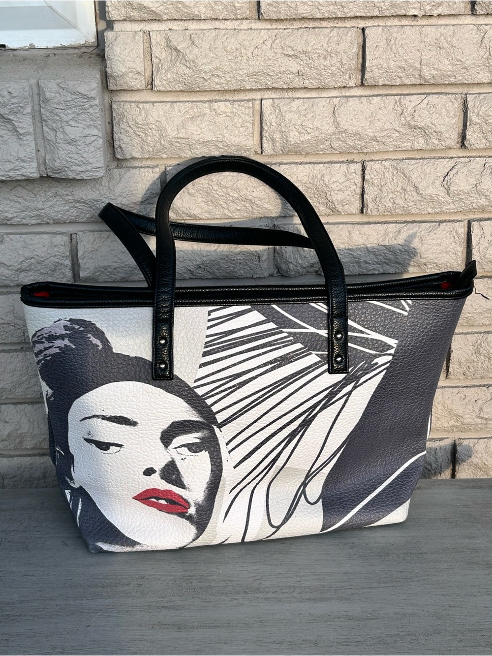 Women’s Graphic Tote Bag with Black Handles - Red Accent
